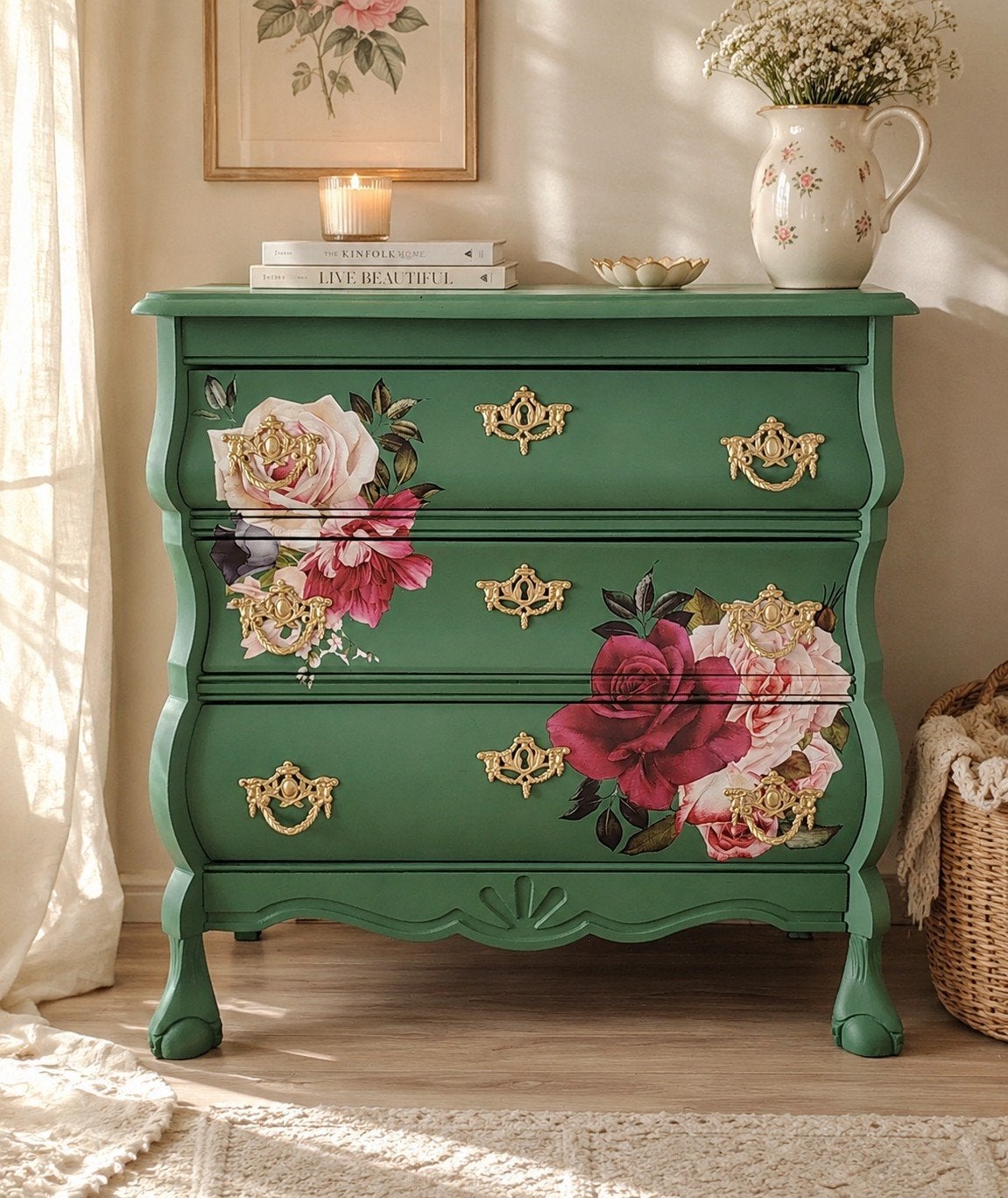 Stijlvol groen buikkastje met romantische bloemen, Ophalen, Antiek, vintage, brocante, landelijk, kastje, 50 tot 100 cm, 3 of 4 laden