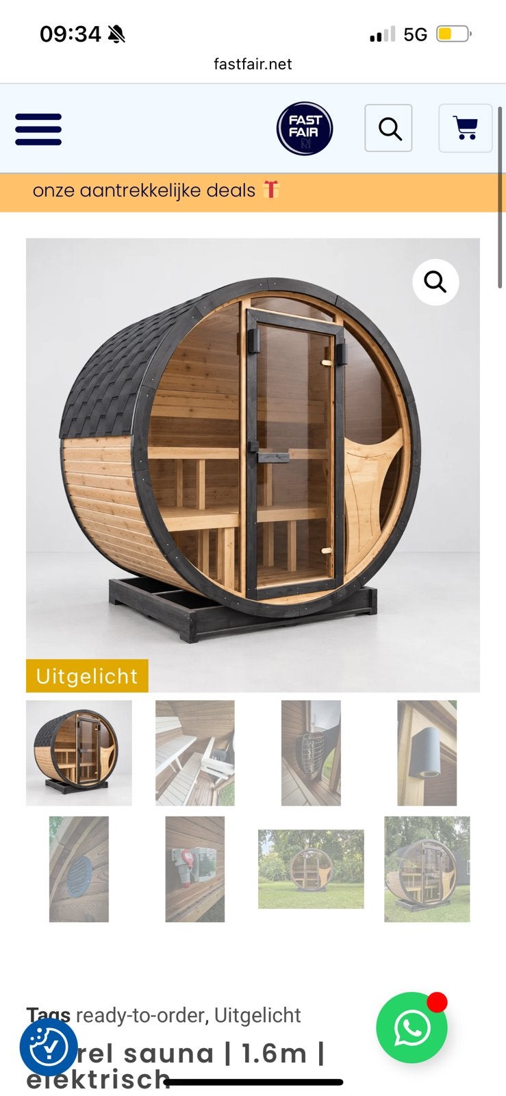 Barrelsauna 1.6 / 230V / nieuw / compleet / SAUNA/elektrisch, Ophalen of Verzenden, Zo goed als nieuw, Complete sauna
