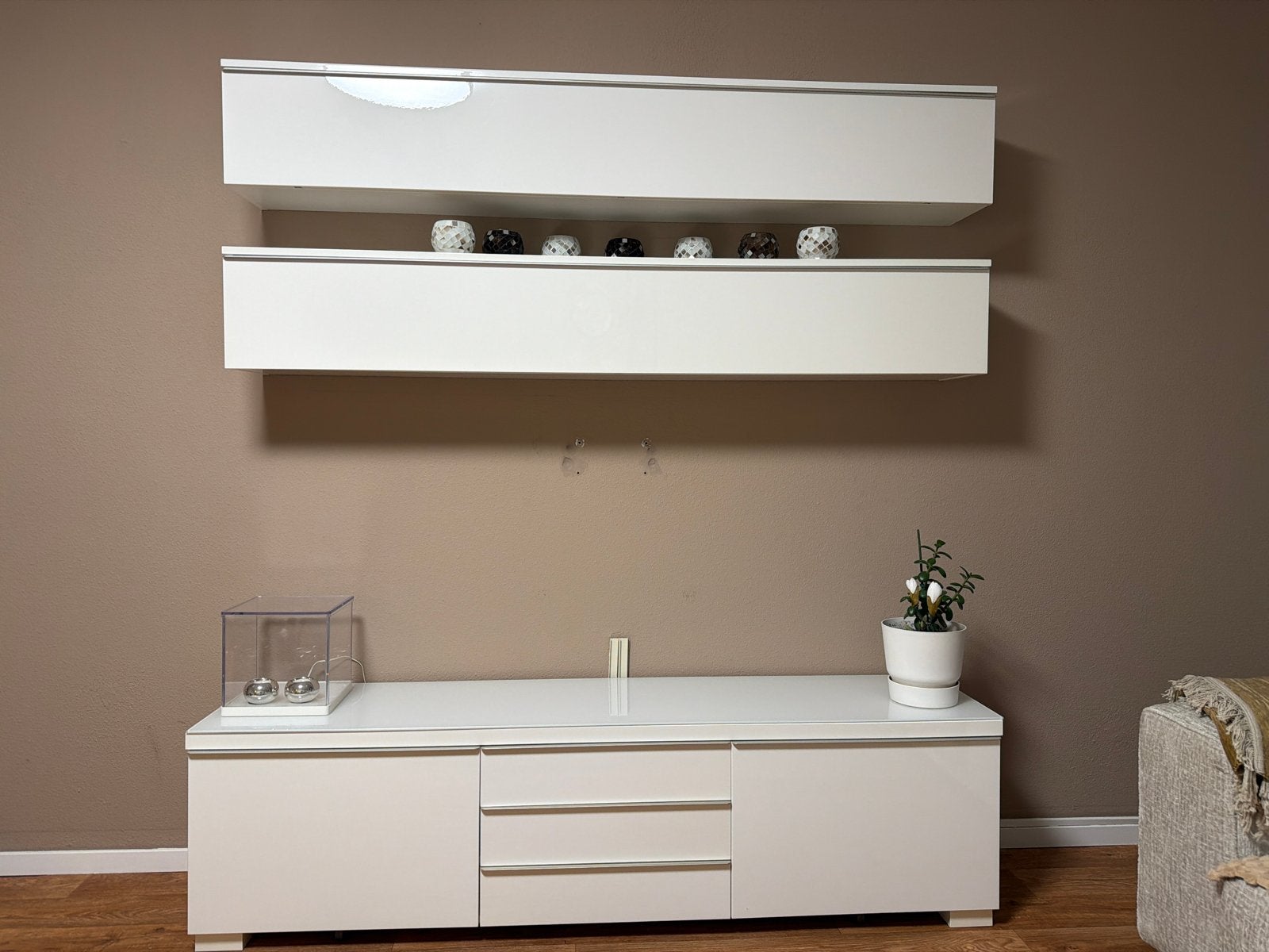 TV-meubel set hoogglans wit met twee wandkasten, Ophalen, Gebruikt, 150 tot 200 cm, Glas
