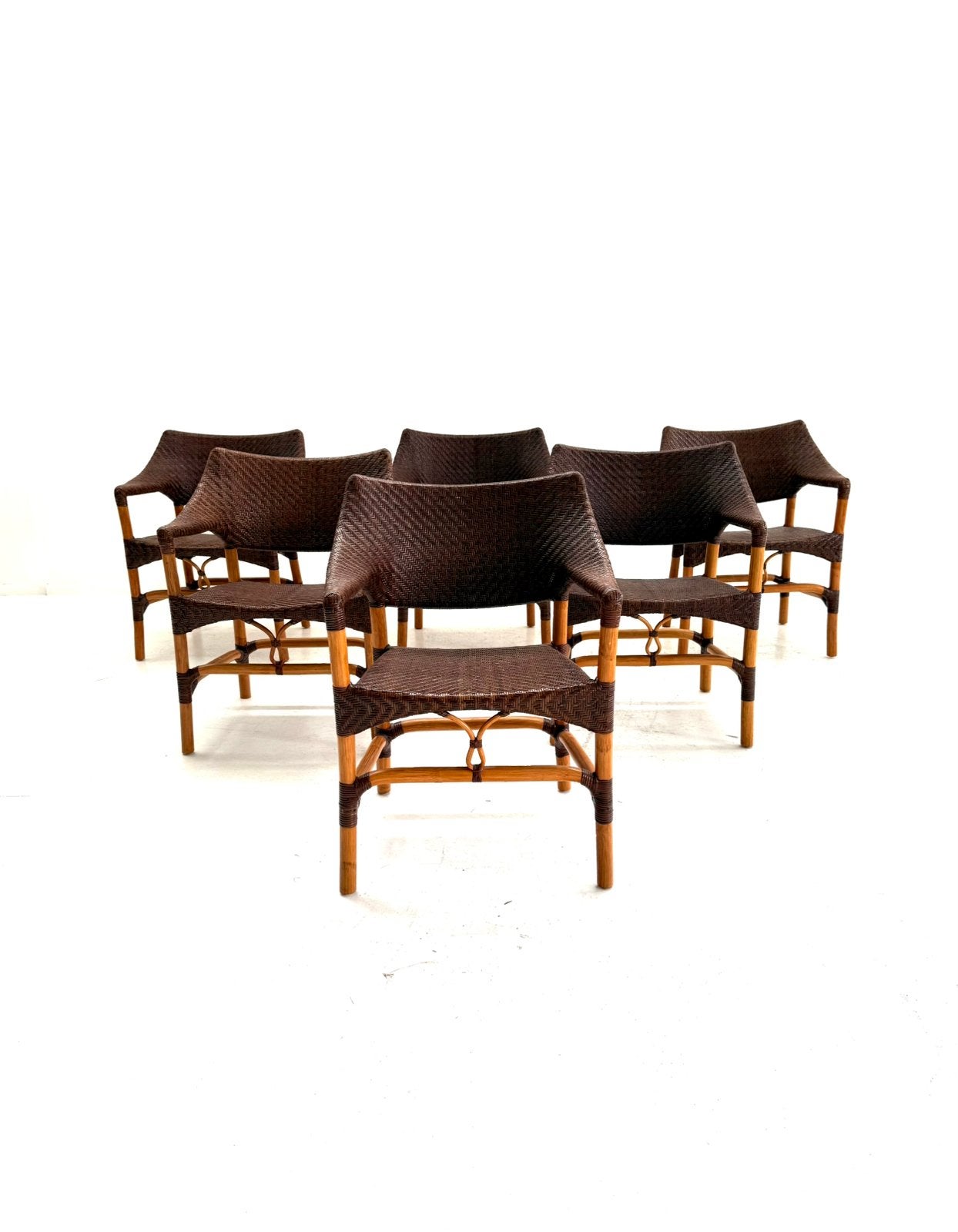 Set van 6 rotan eetkamerstoelen, Yuzuru Yamakawa ‘90, Huis en Inrichting, Yuzuru Yamakawa, Vintage retro buisframe design rotan webbing papercord deens