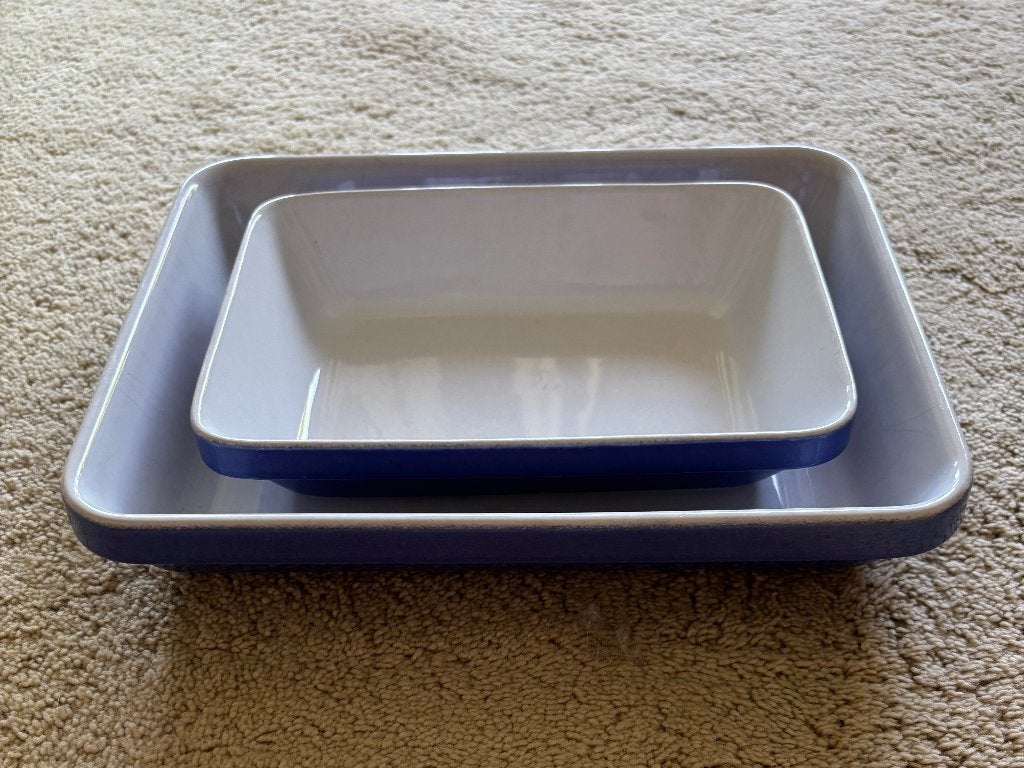 Emile Henry blauwe vierkant ovenschaal set, Ophalen of Verzenden, Gebruikt, Steen/keramiek, Blauw