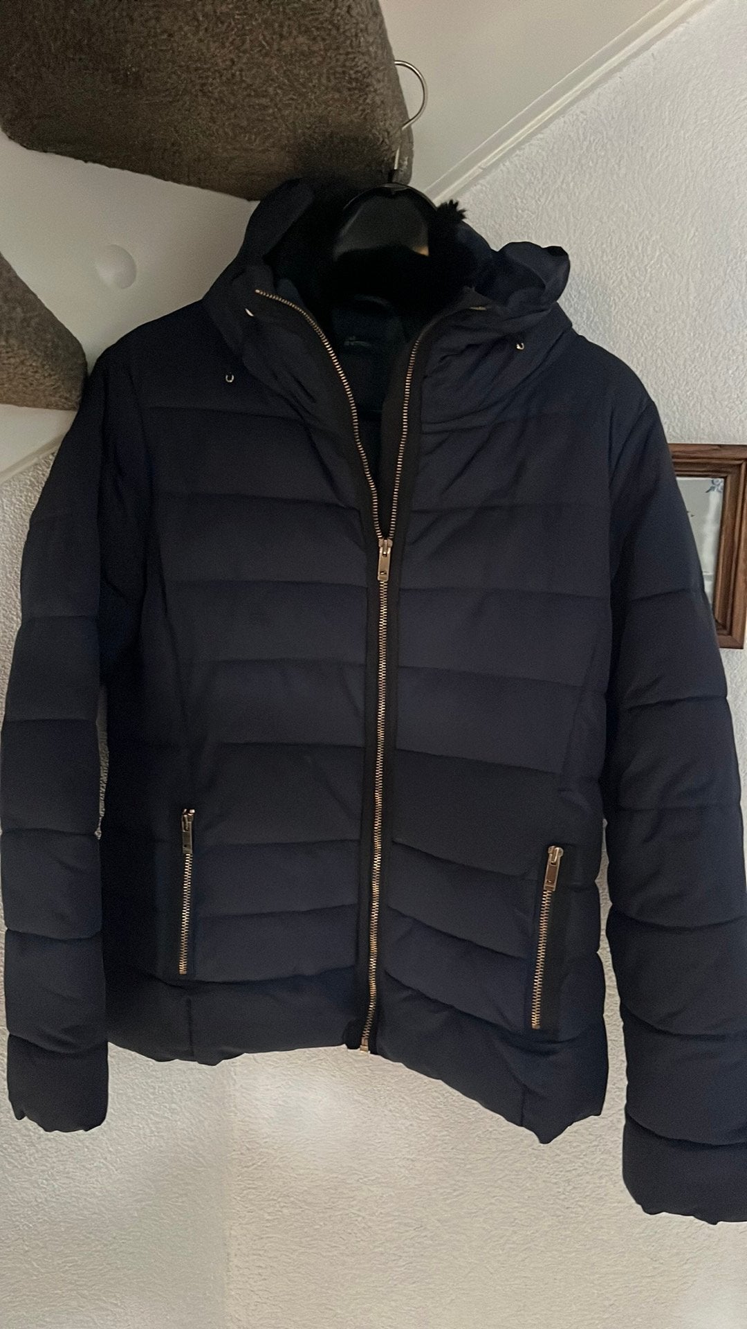 Donker blauwe jas, Ophalen of Verzenden, Zo goed als nieuw, Maat 42/44 (L), Blauw