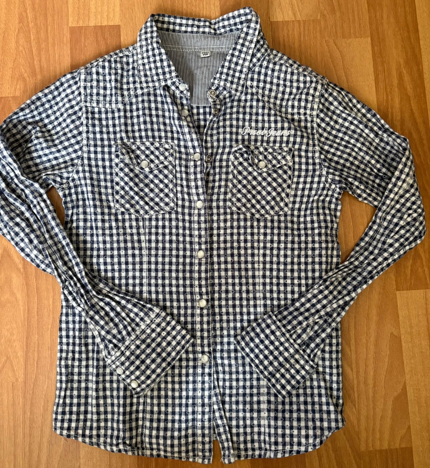 Blauw/wit geruit bloesje, lange mouw, meisje, maat 140/146, Ophalen of Verzenden, Zo goed als nieuw, Meisje, Overhemd of Blouse