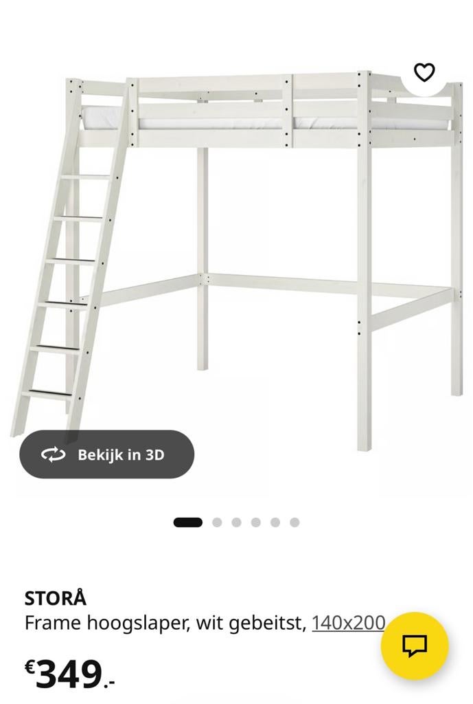 IKEA STORA hoogslaper wit 140x200, Huis en Inrichting, Slaapkamer | Stapelbedden en Hoogslapers, Gebruikt, Hoogslaper, Tweepersoons