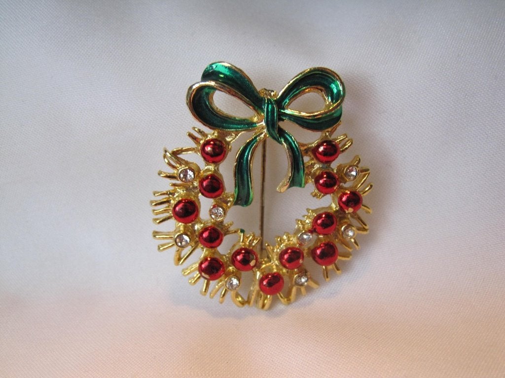 Broche kerst Advents krans /rood emaille/ groene strik, Verzenden, Zo goed als nieuw