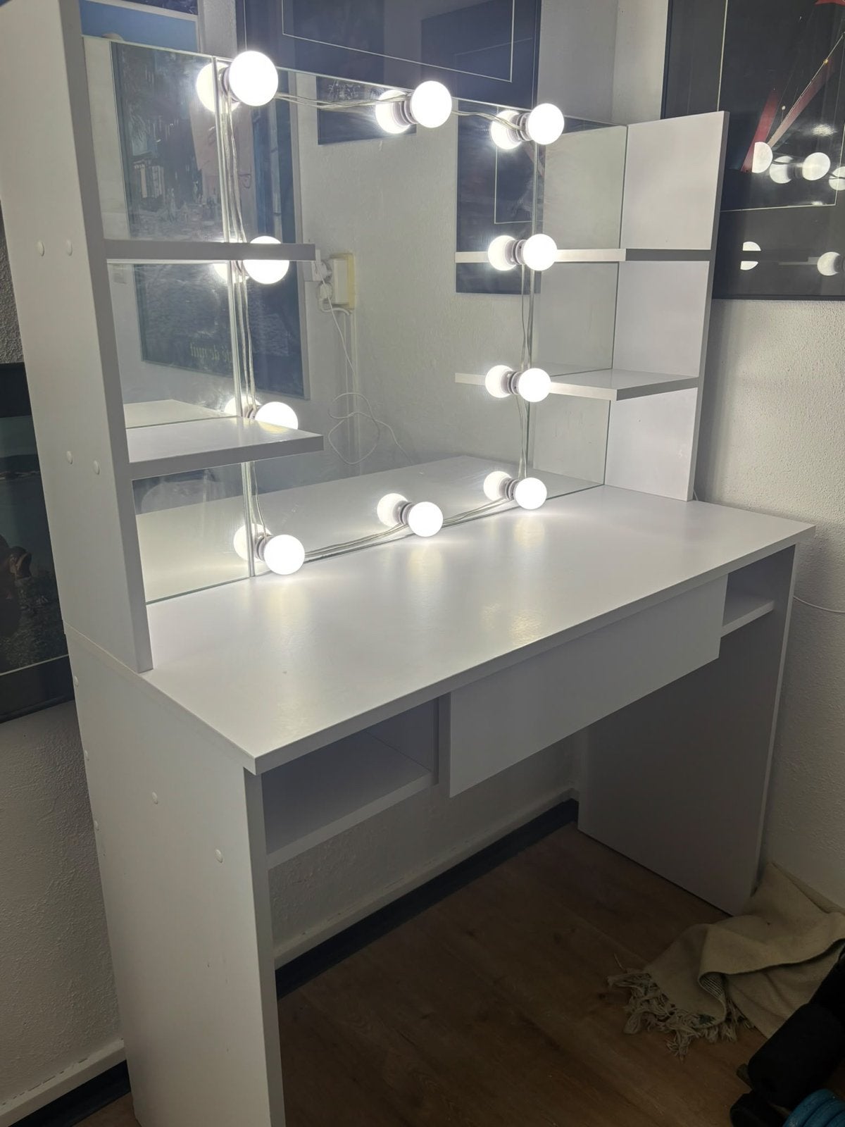 Witte make-up tafel met spiegel en verlichting, Ophalen, Gebruikt, 100 tot 150 cm, 50 tot 100 cm