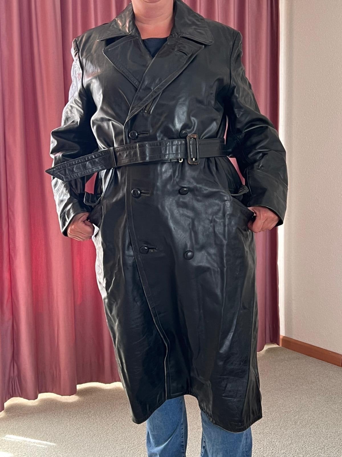 Vintage Zwarte Leren ries jas(Trenchcoat )- Maat L, Ophalen of Verzenden, Gebruikt, Overige modellen