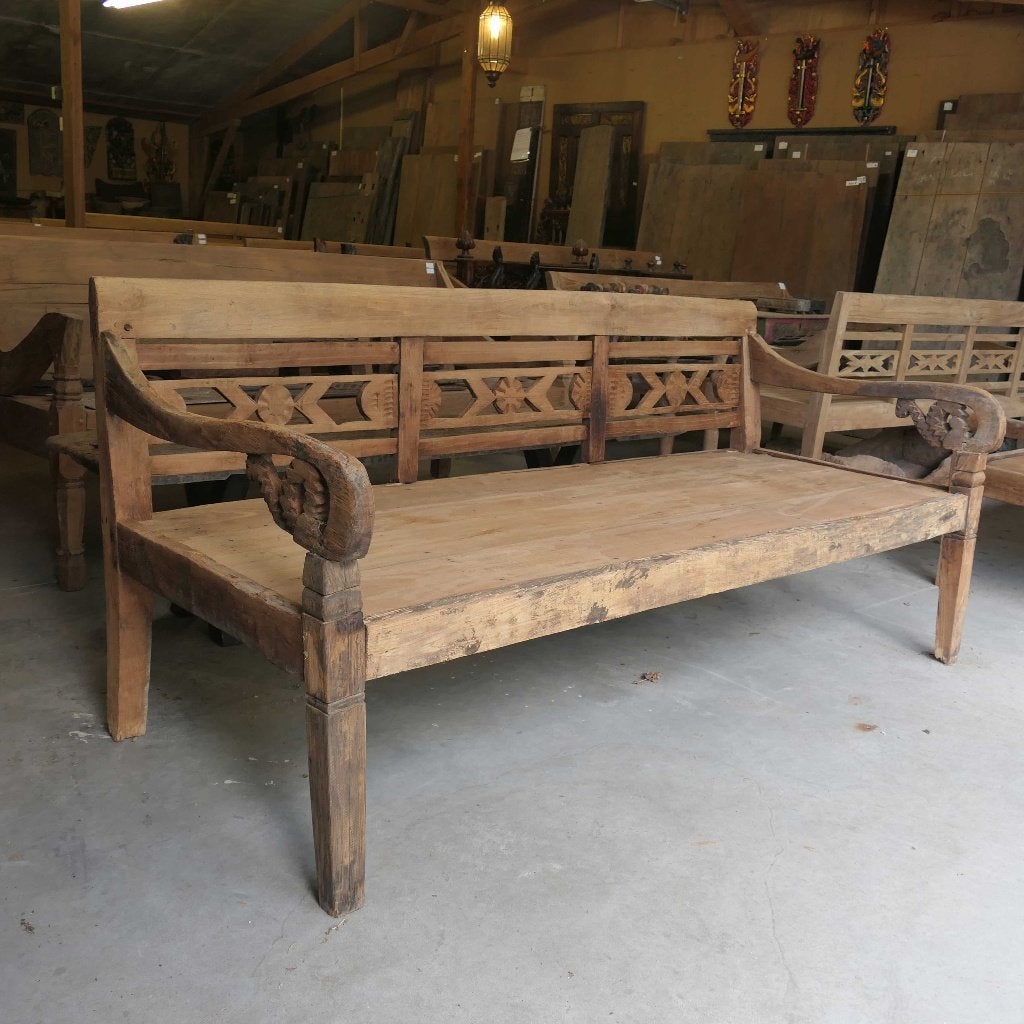 Diepe bank RQ38 teak oud hout stationsbank lounge tuin Ibiza, Ophalen of Verzenden