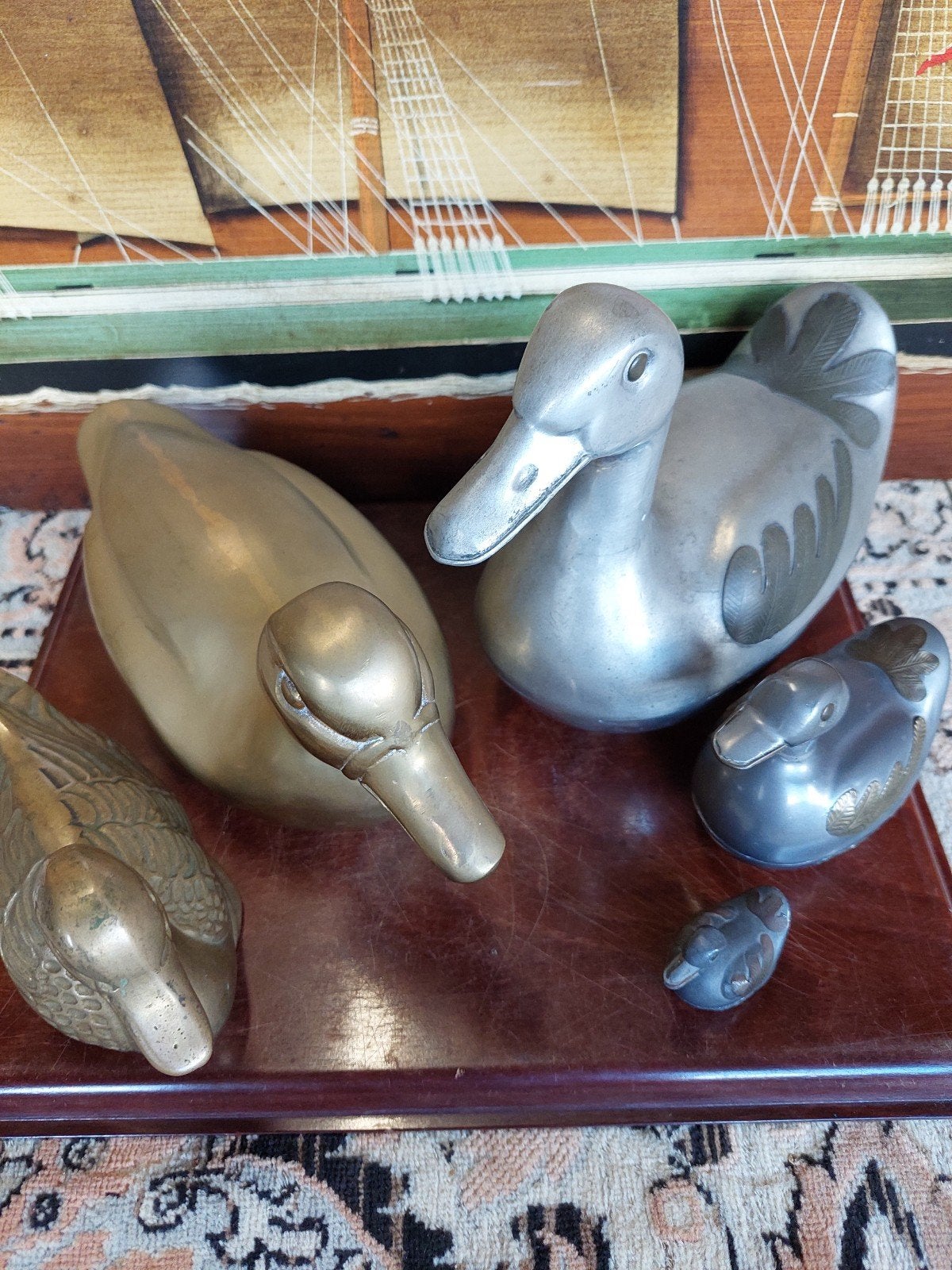 Set van 2 messing en 3 tinnen eenden., Antiek en Kunst, Ophalen of Verzenden