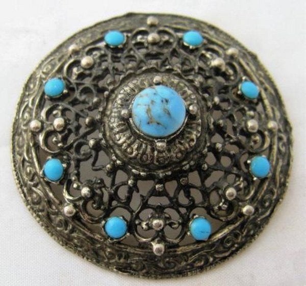 Grote vintage Schild broche Handwerk tin met Turkoois (5465), Ophalen, Zo goed als nieuw, Zilver, Overige materialen