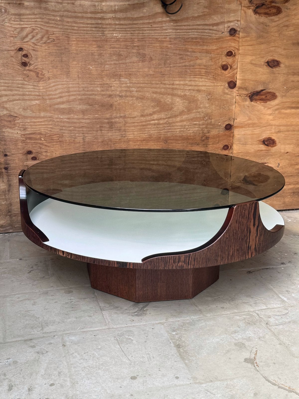 Vintage Space Age Salontafel Glas Hout, Jaren 70 Seventies, Huis en Inrichting, Tafels | Salontafels, 50 tot 100 cm, Glas, Rond