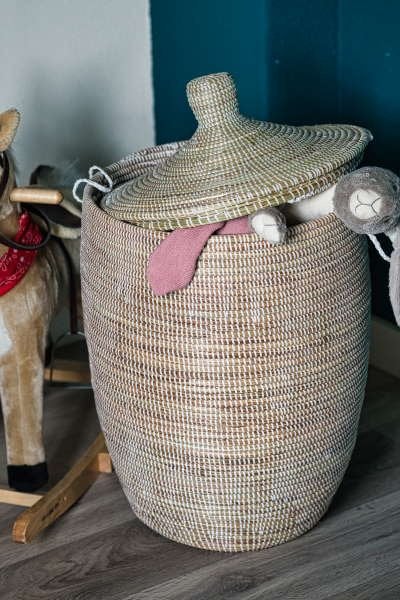 Afrikaanse wasmand wit uit Senegal handgemaakt 80-85 cm, Mand, Rond, Nieuw, Ophalen of Verzenden