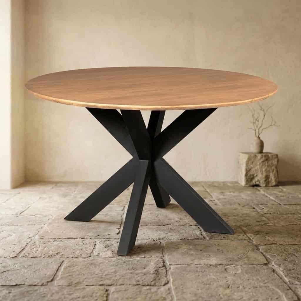 LEEGVERKOOP MANGO TAFEL ROND MET MASSIEF METAAL ONDERSTEL !, Huis en Inrichting, Stoelen, Bruin, Nieuw, Ophalen of Verzenden, Modern