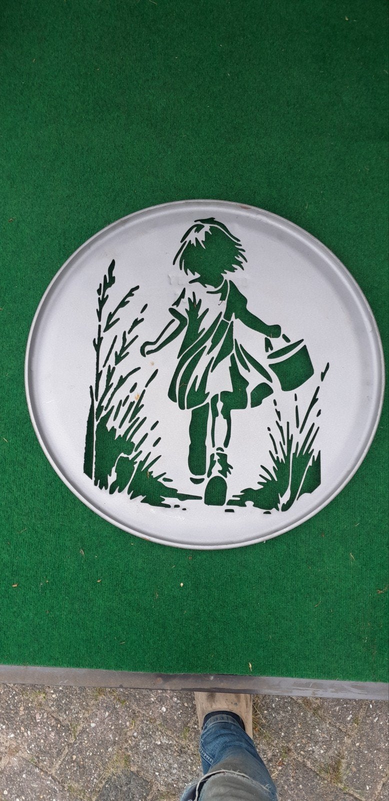 Uniek stalen decoratiepaneel - meisje met emmer, 57 cm, Ophalen of Verzenden
