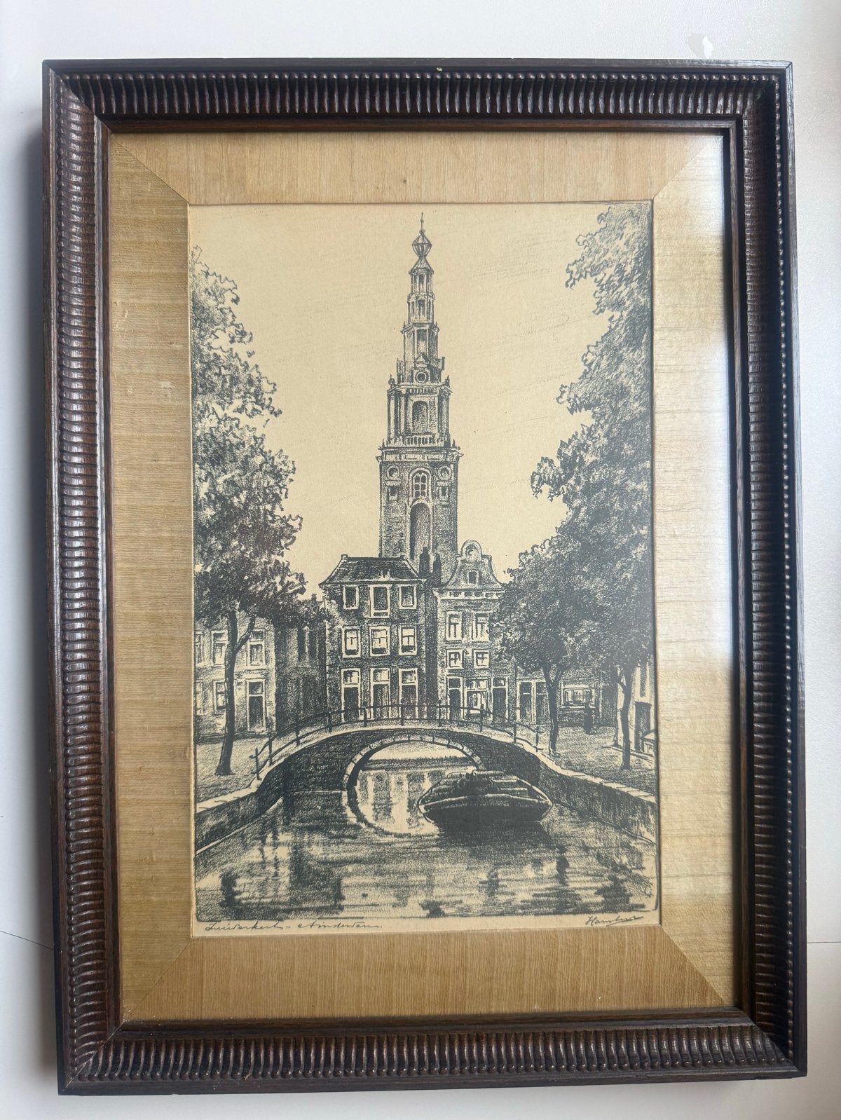 Historische Ets van Amsterdam: Gracht met Zuiderkerk., Ets, Stadsgezicht, Ophalen of Verzenden, Gesigneerd