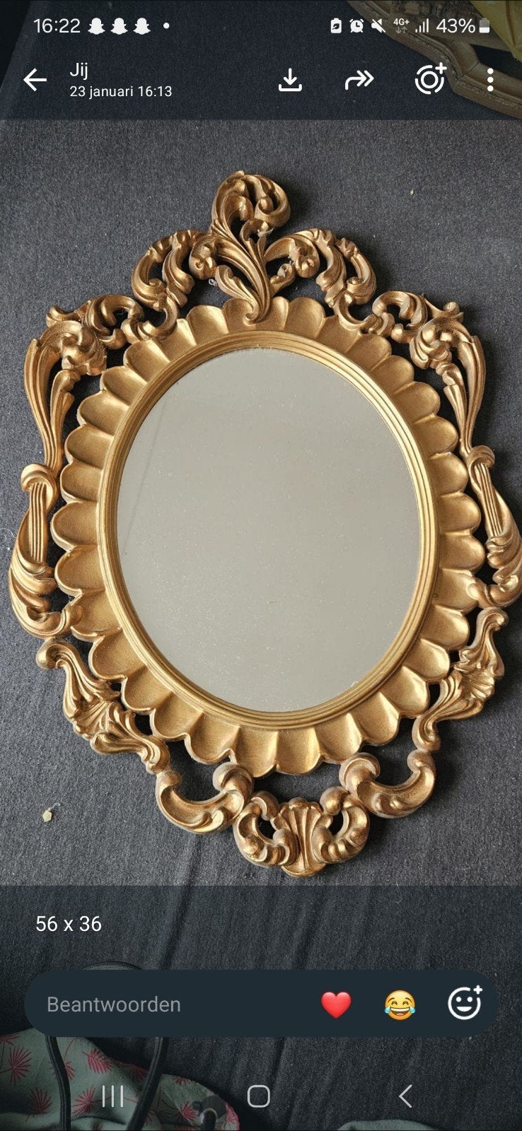 Gouden Barok Spiegel - 56x36 cm, Ophalen of Verzenden, Overige vormen, 50 tot 100 cm, Minder dan 100 cm