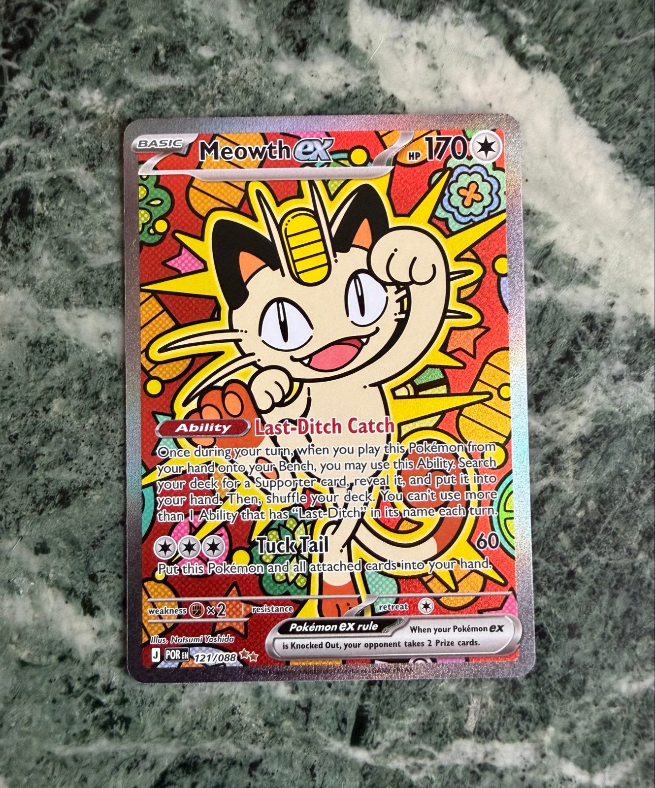 Pokemon kaart Meowth EX 121/088, Ophalen of Verzenden, Zo goed als nieuw, Losse kaart, Foil