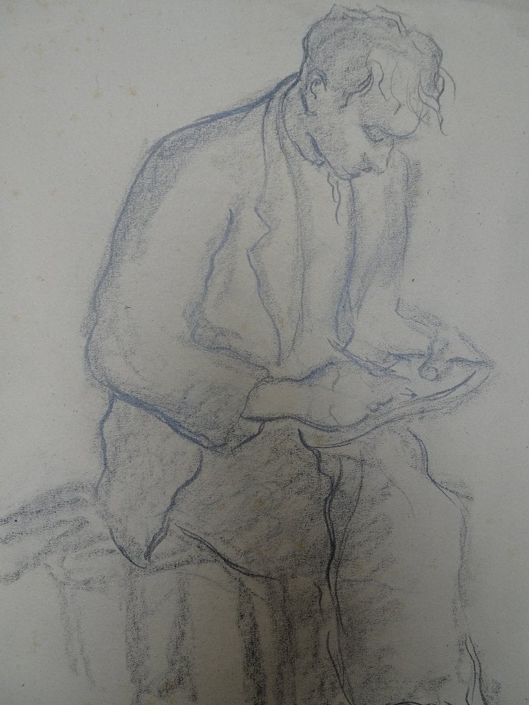 Tekening schrijvende man op een kruk J. Vink v Gogh 1945, Antiek en Kunst, Kunst | Tekeningen en Foto's, Ophalen of Verzenden