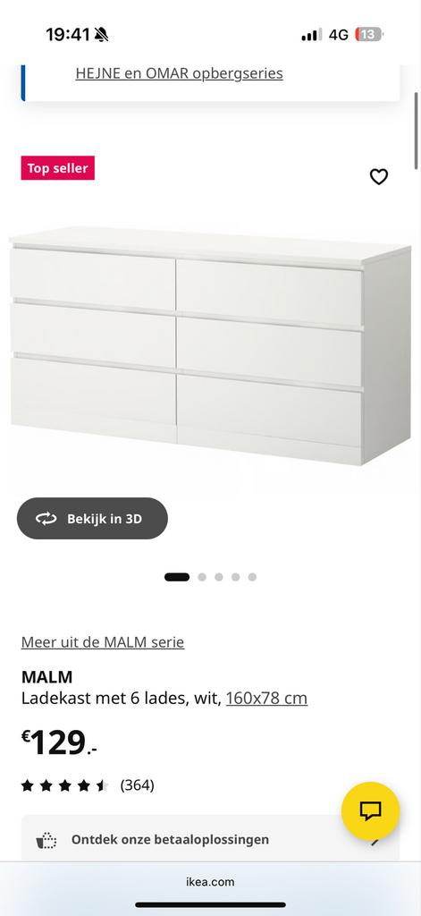 IKEA MALM Ladekast wit met 6 lades, 160x78 cm, Ophalen, Gebruikt, 5 laden of meer, 150 tot 200 cm