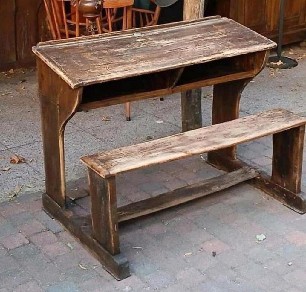 Antieke schoolbank met bankje - Vintage houten bureau, Ophalen of Verzenden