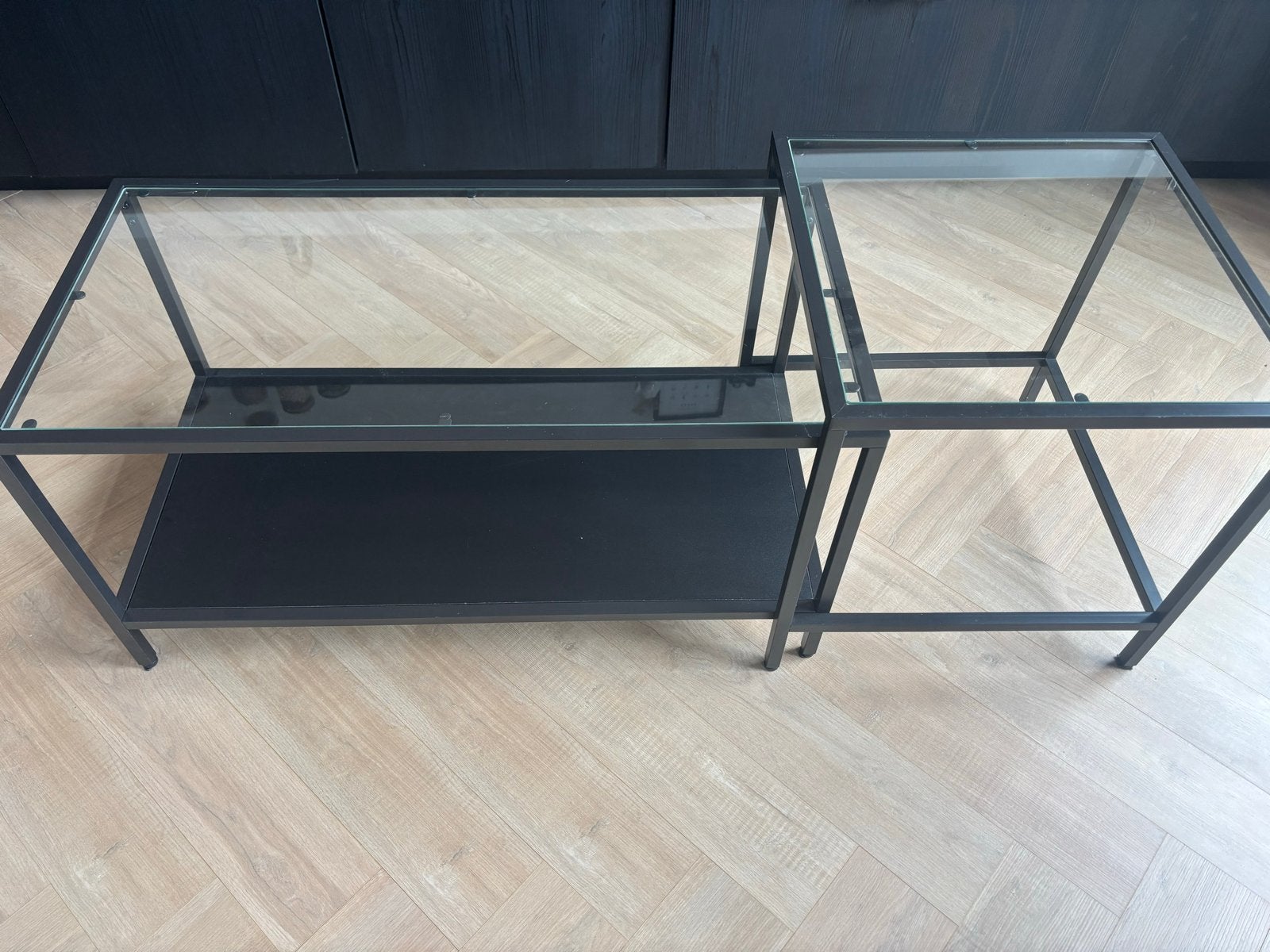 Ikea LACK salontafel en bijzettafel set - Zwart metaal/glas, Huis en Inrichting, Tafels | Salontafels, Ophalen, 50 – 75, Gebruikt