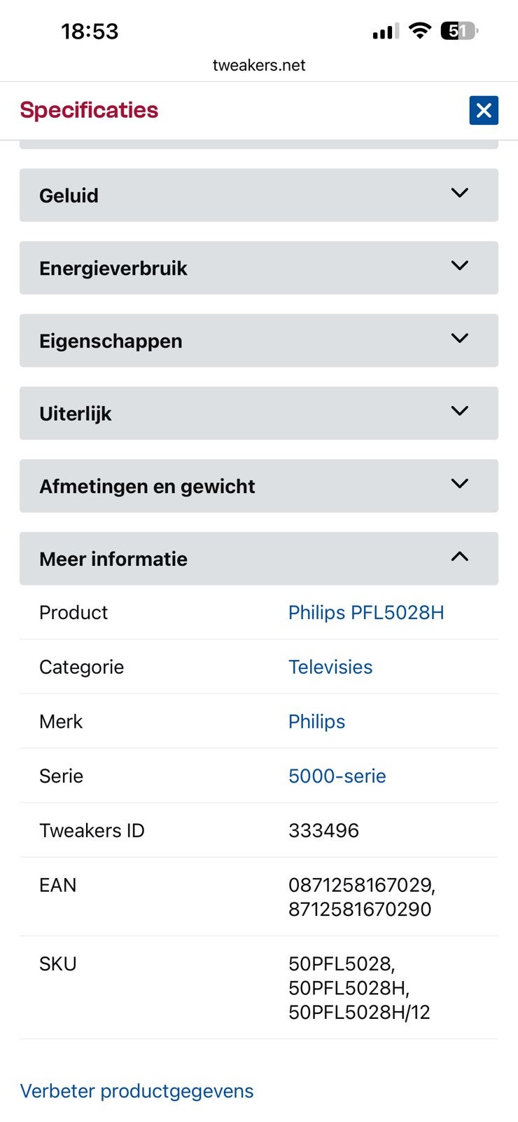 Philips Ambilight 50PFL5028H/12, Ophalen, Philips, 50 Hz, LCD