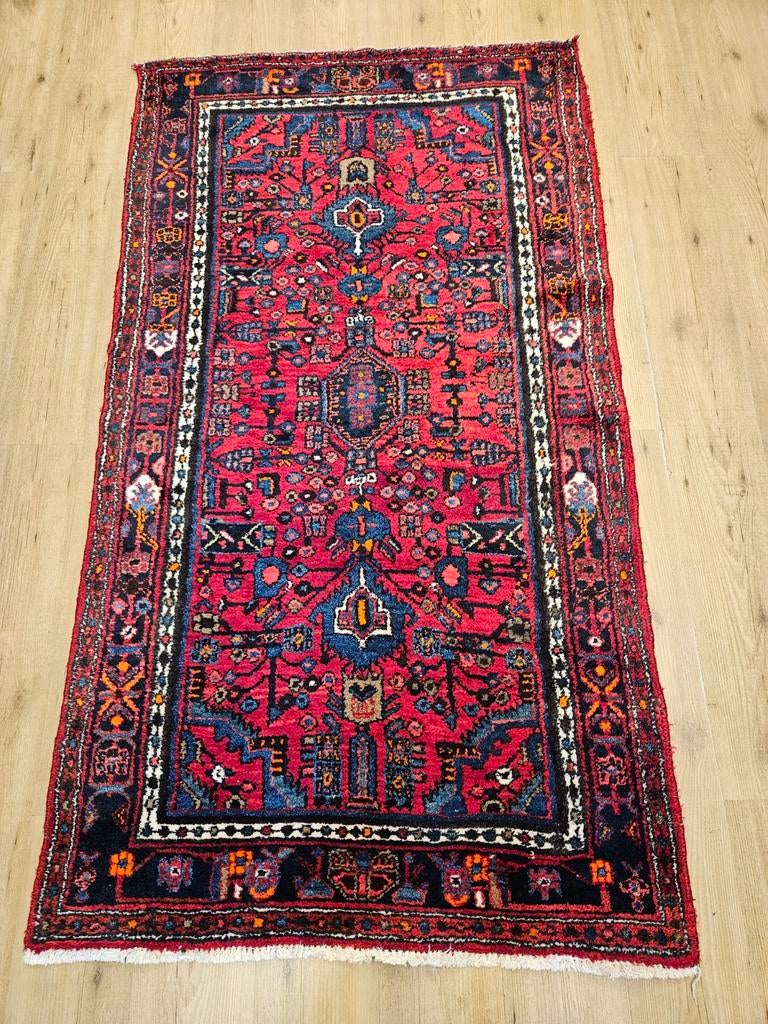 Handgeknoopt perzisch tapijt hamadan 196x100, Info@SlatsAntiek.nl, Tweedehands, 100 tot 150 cm, Perzisch
