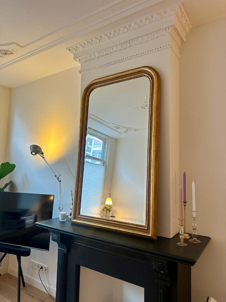 Gouden spiegels, schouwspiegel, boogspiegel antieke stijl, Ophalen of Verzenden, Zo goed als nieuw, Info@laurierdesign.nl, 75 tot 100 cm