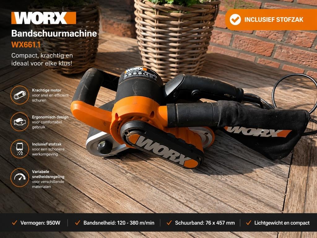 WORX Bandschuurmachine 950W + gratis muis schuurmachine, Doe-het-zelf en Verbouw, Gereedschap | Schuurmachines, Ophalen of Verzenden
