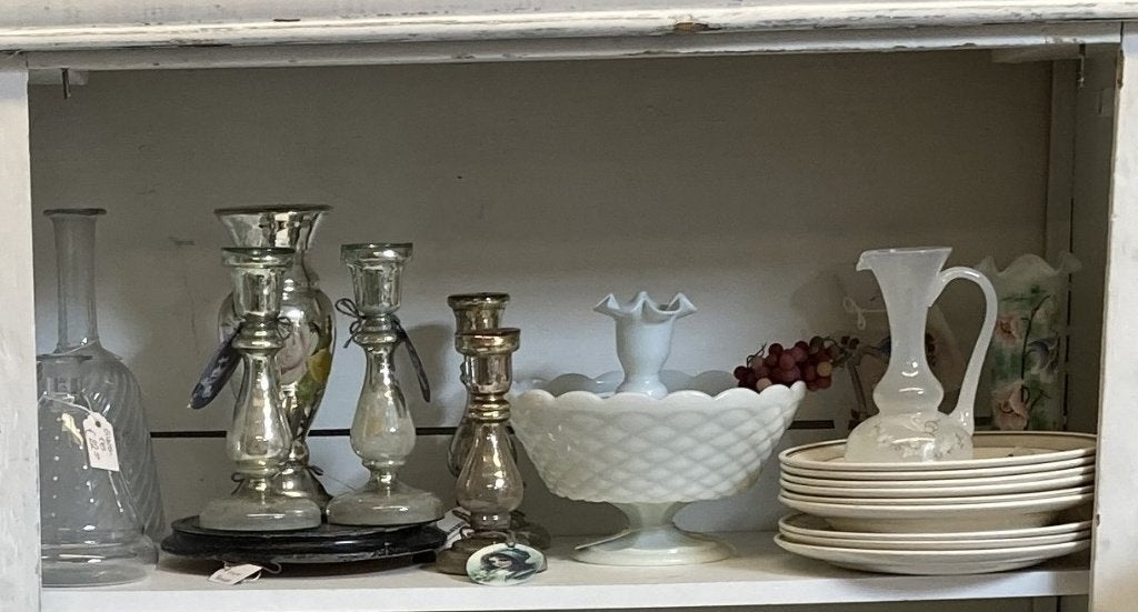 Brocante armeluis-zilver / opaalglazen schaal en vaasjes, Ophalen