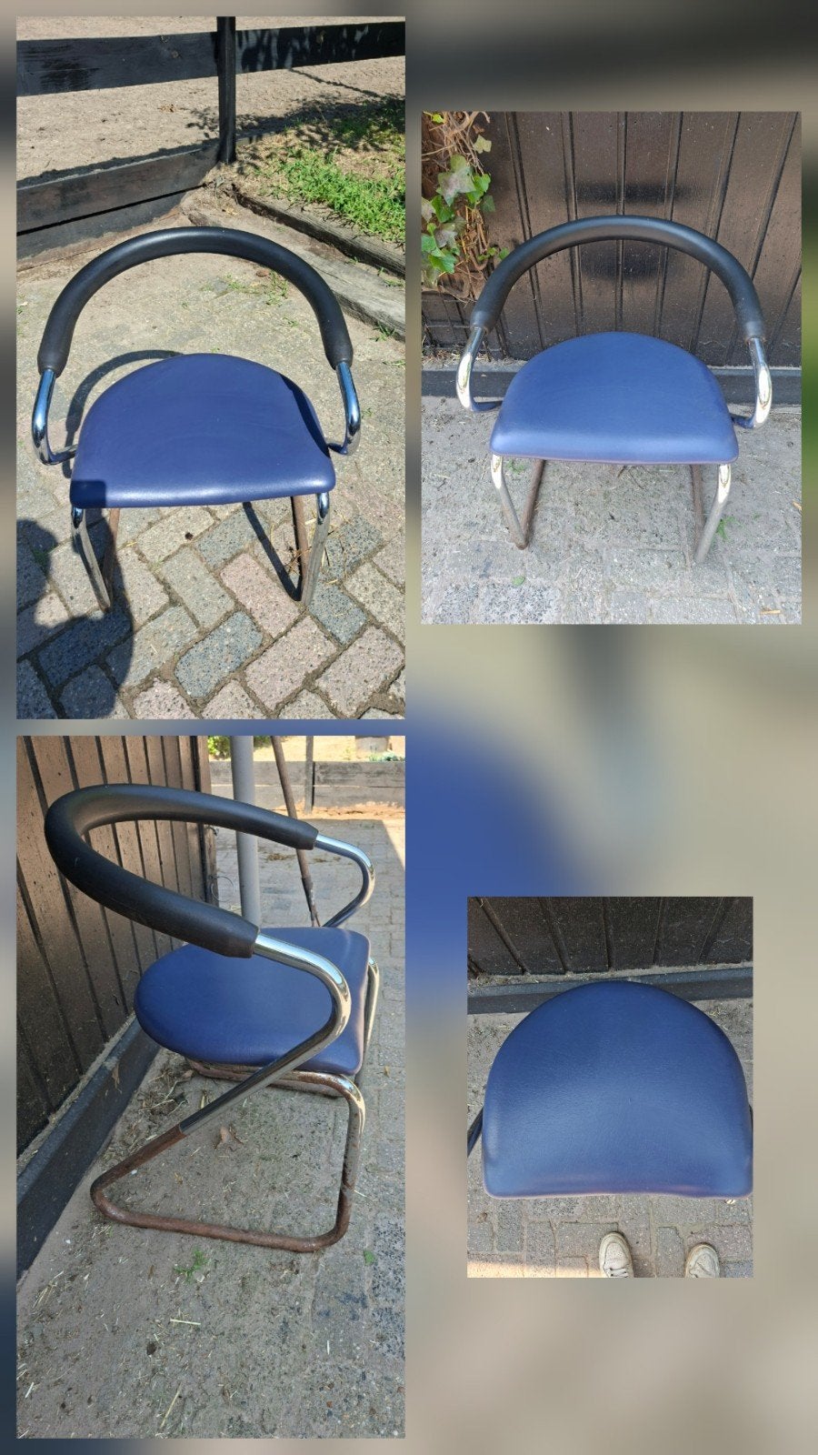 4 blauwe stoelen met metalen frame - Gebruikt, Ophalen, Gebruikt, Blauw, Vier