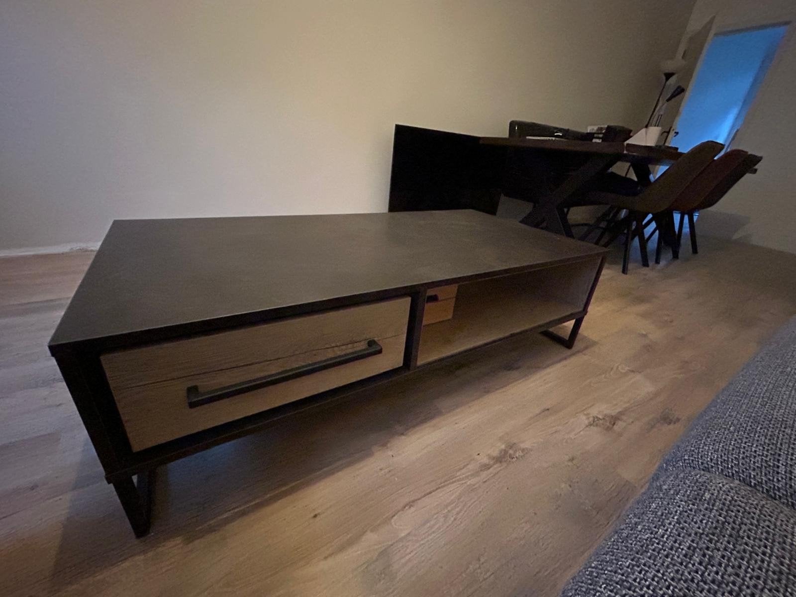 Industriële salontafel met lade en open vak, Huis en Inrichting, Gebruikt, 100 tot 150 cm, 50 tot 100 cm, Industrieel