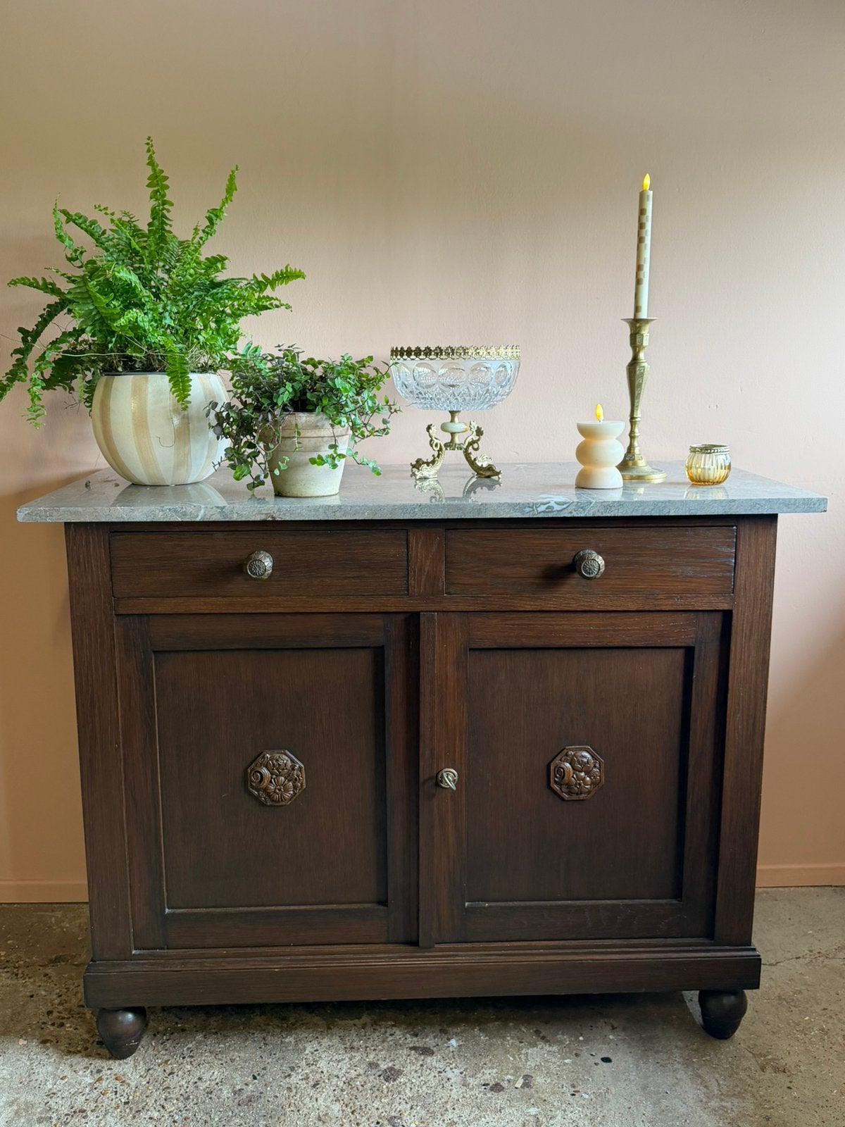 Vintage houten commode met marmeren blad 2 lades 2 deuren, Ophalen, Gebruikt