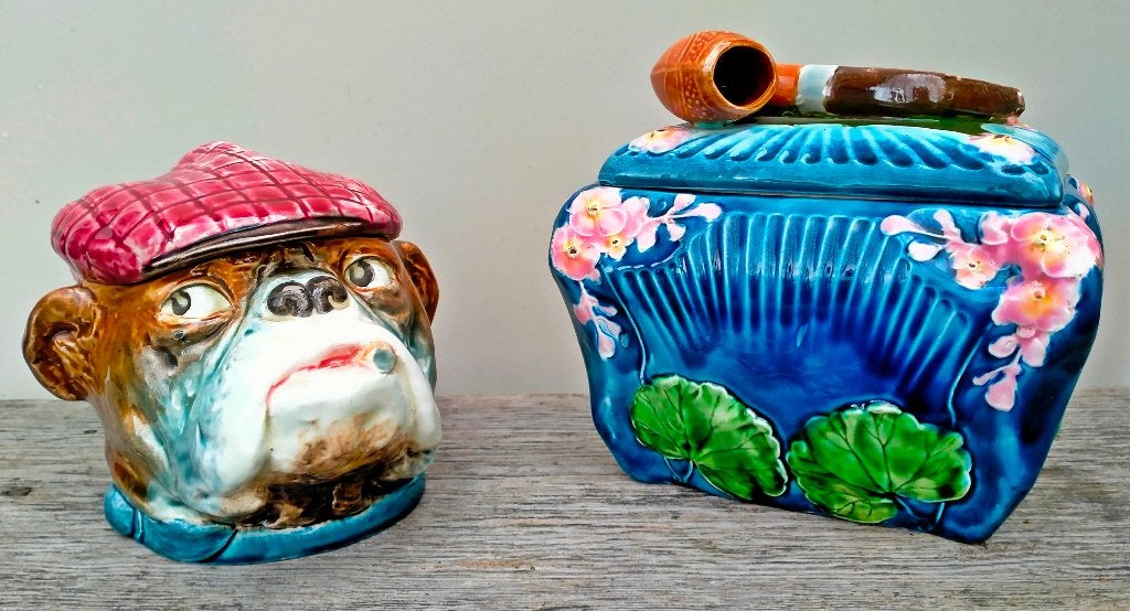 2x Antieke Majolica Pot & Deksel / Tabakspot - Zie Omschr, Antiek en Kunst, Ophalen of Verzenden