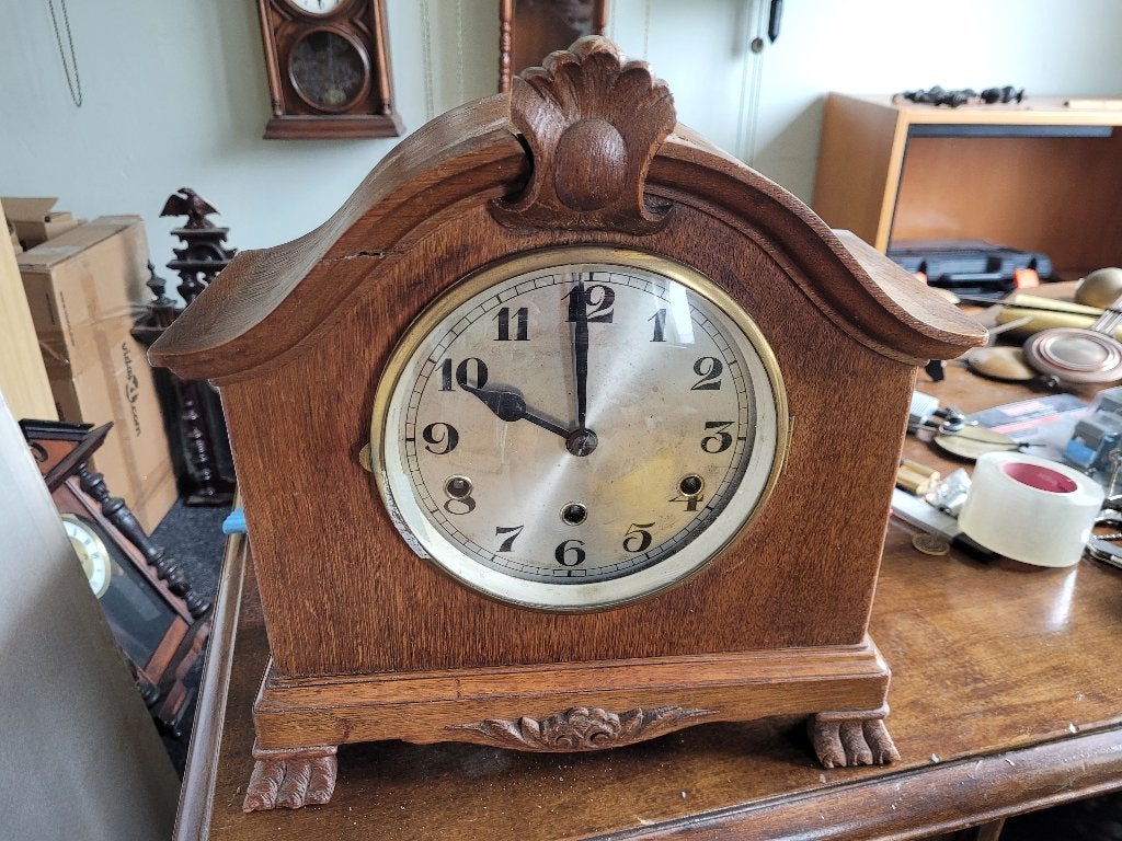 Duitse pendule klok / tafelklok eiken hout retro / antiek, Ophalen of Verzenden