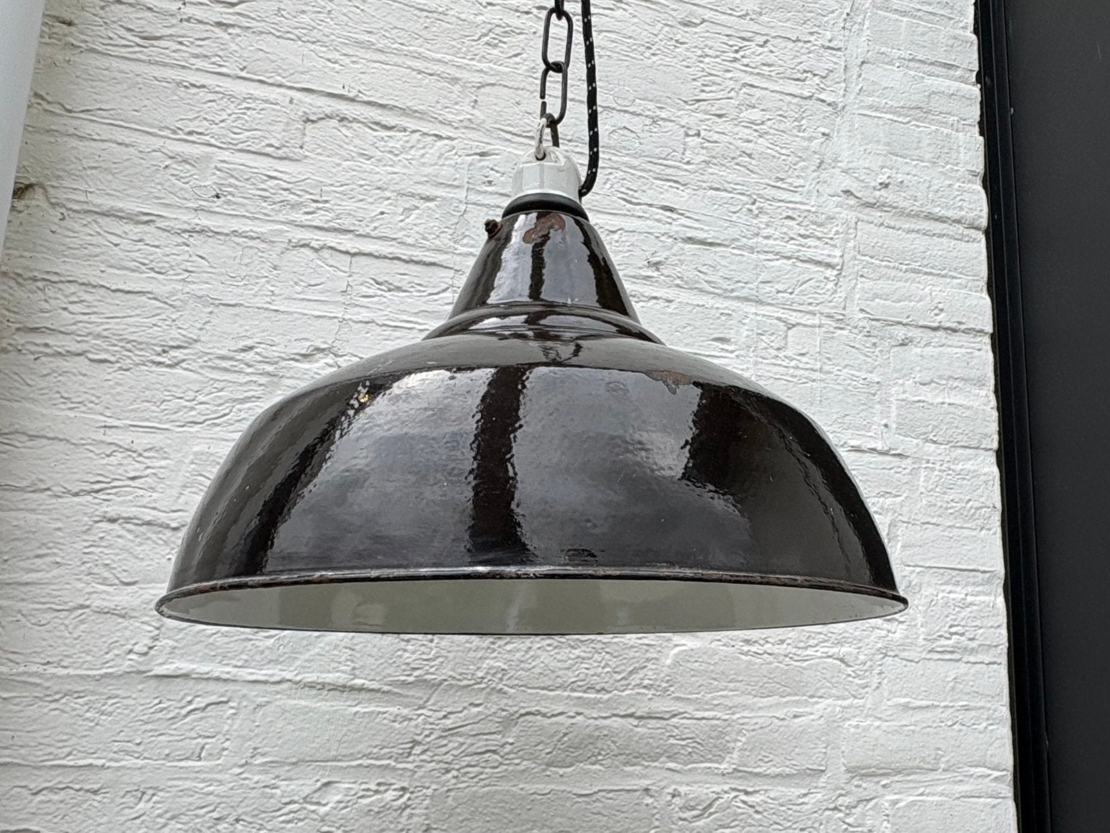 Vintage industriële emaille hanglamp brocante fabriekslamp, Ophalen of Verzenden, Gebruikt, Minder dan 50 cm