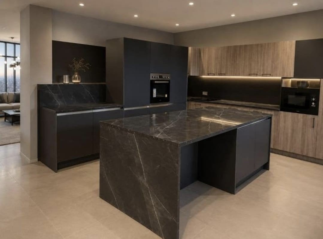 Moderne showroomkeuken met kookeiland en donker marmerlook b, Overige materialen, Zwart, Overige typen, Ophalen of Verzenden