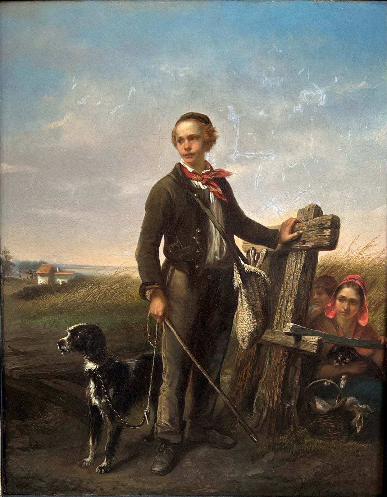 Emmanuel Noterman (1808-1863) - Jongen met hond en jachtbuit, Antiek en Kunst, Paneel, Realistisch, Dieren, Ophalen of Verzenden