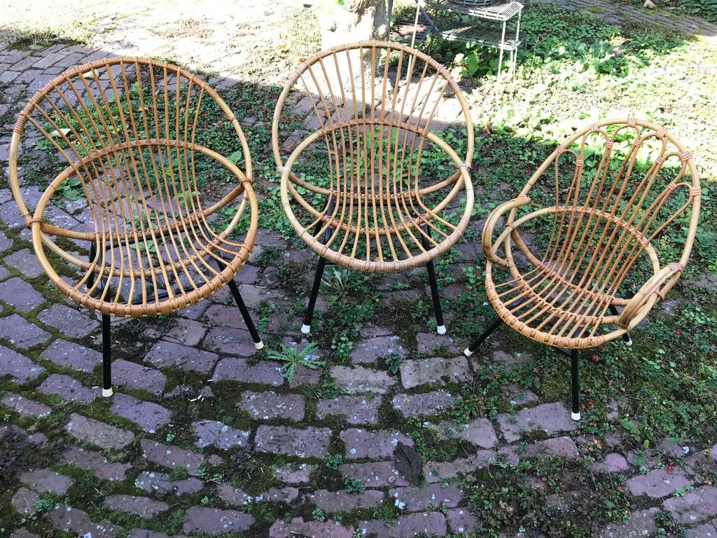 Vintage rieten stoeltjes, Ophalen, Gebruikt, Bruin, Drie