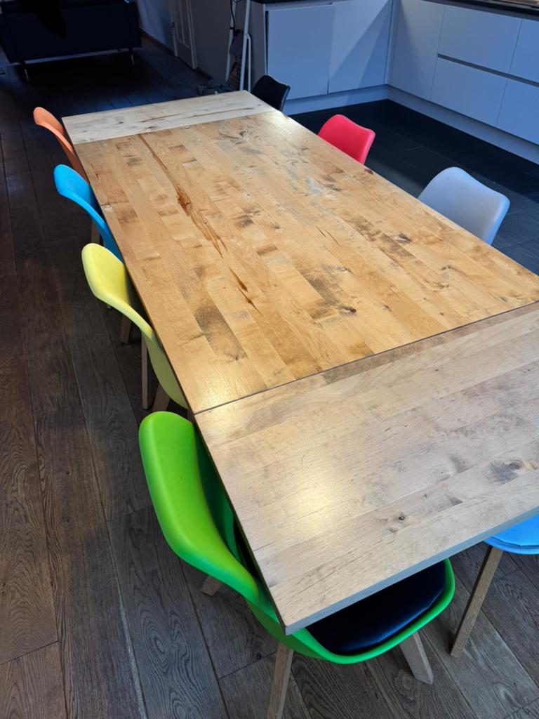 eettafel eiken met 8 kuipstoelen, Ophalen, Gebruikt, Eikenhout, 200 cm of meer