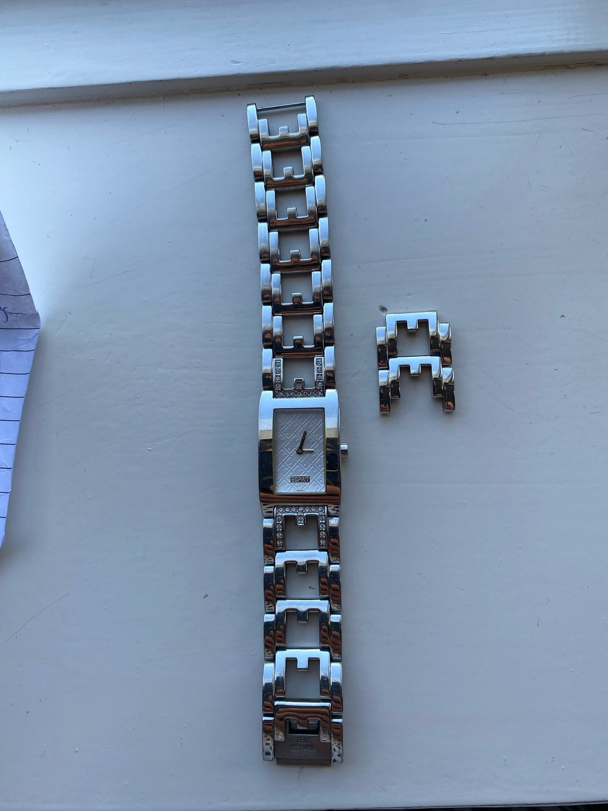 Esprit dameshorloge met strass en extra schakels, Gebruikt, Staal, Ophalen of Verzenden, Met strass