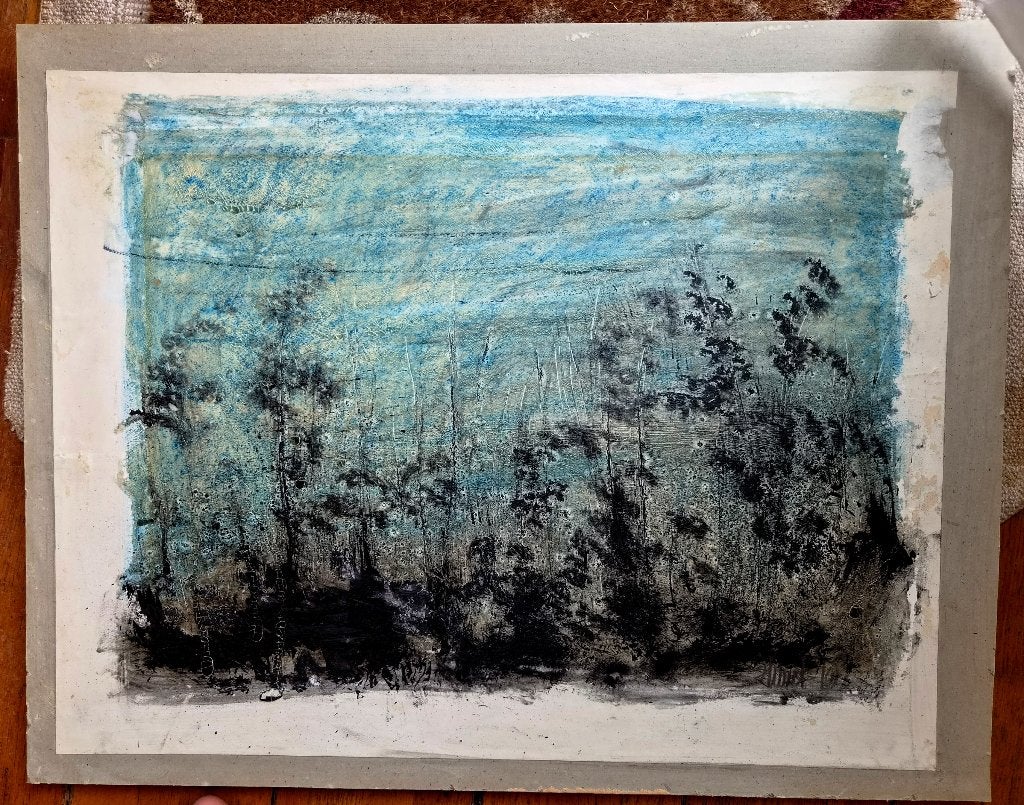 Abstract Expressionistisch landschap ~1970 gesigneerd, sepia, Abstract, Ophalen of Verzenden, Gesigneerd, Aquarel