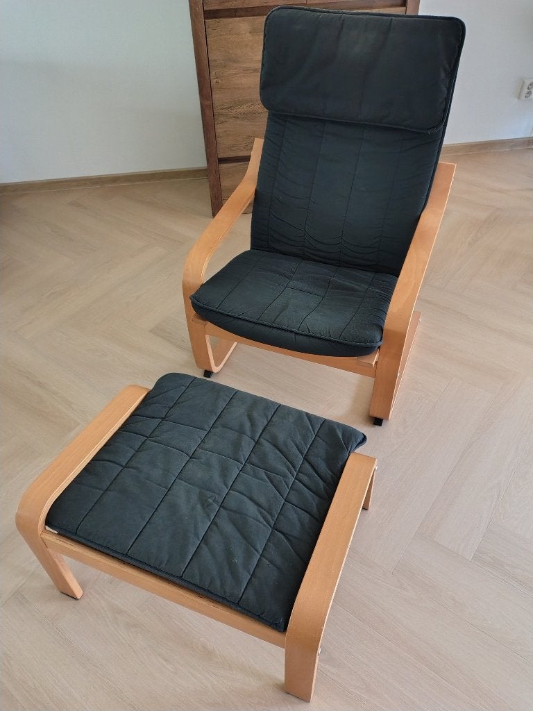 Ikea relax fauteuil Poang met voetenbank, Ophalen, Gebruikt, 75 tot 100 cm, Stof