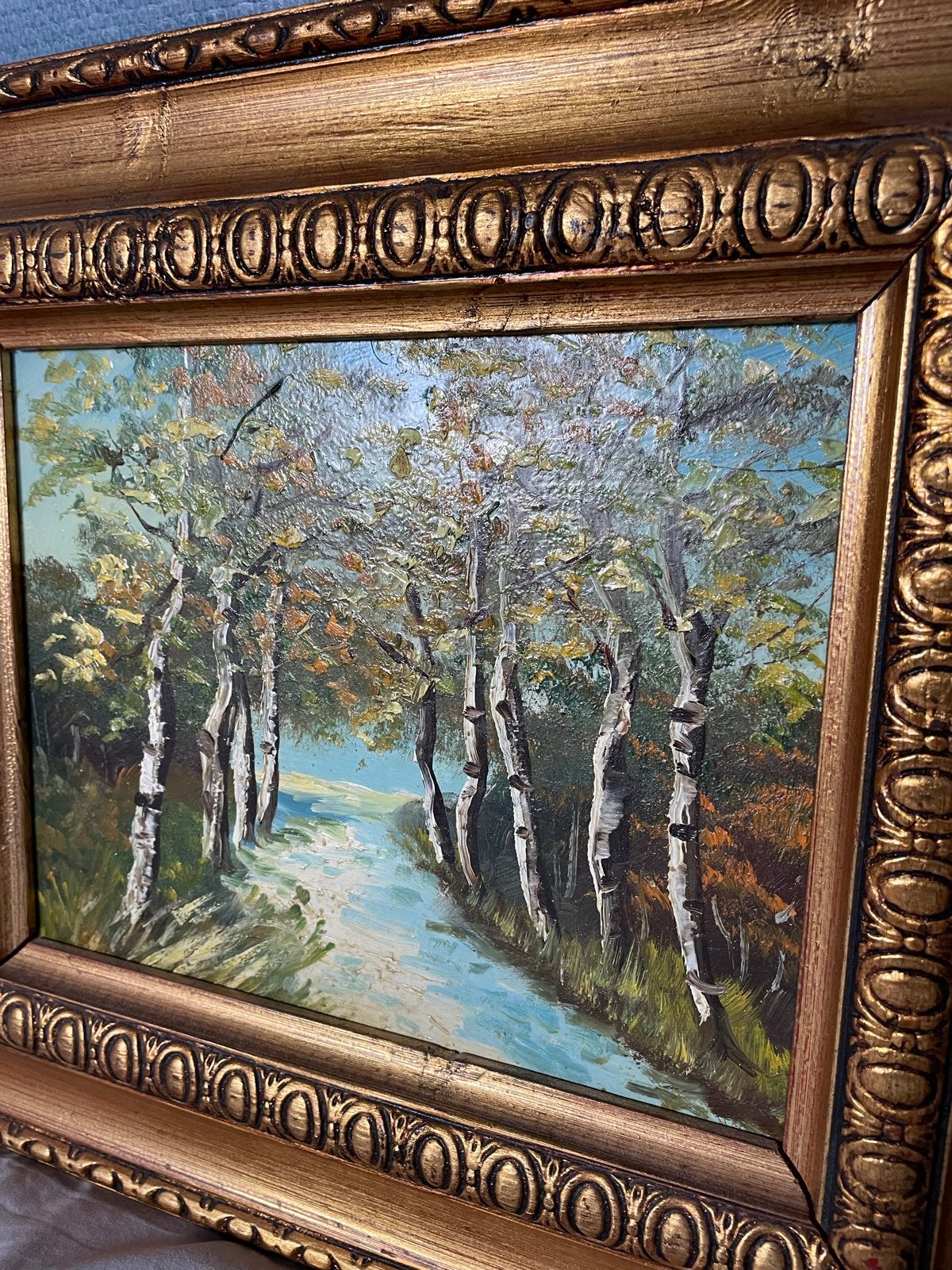 Olieverfschilderij Landschap met berken en water, Doek, Realistisch, Ophalen of Verzenden, Landschap
