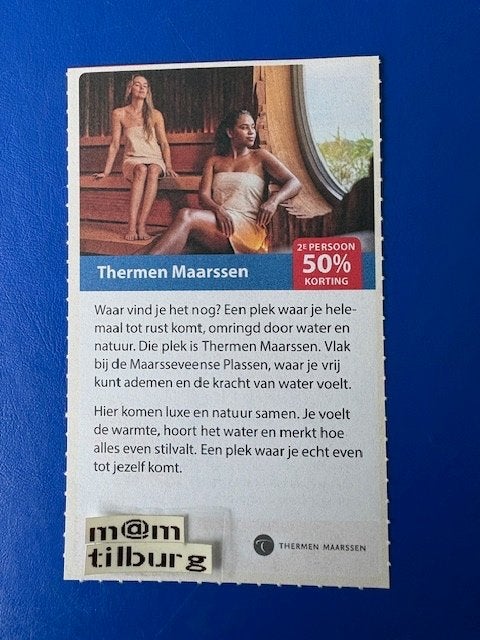 Thermen Maarssen 2e persoon 50% korting tot 1-7-2027, Drie personen of meer, Kortingsbon, Spa of Sauna