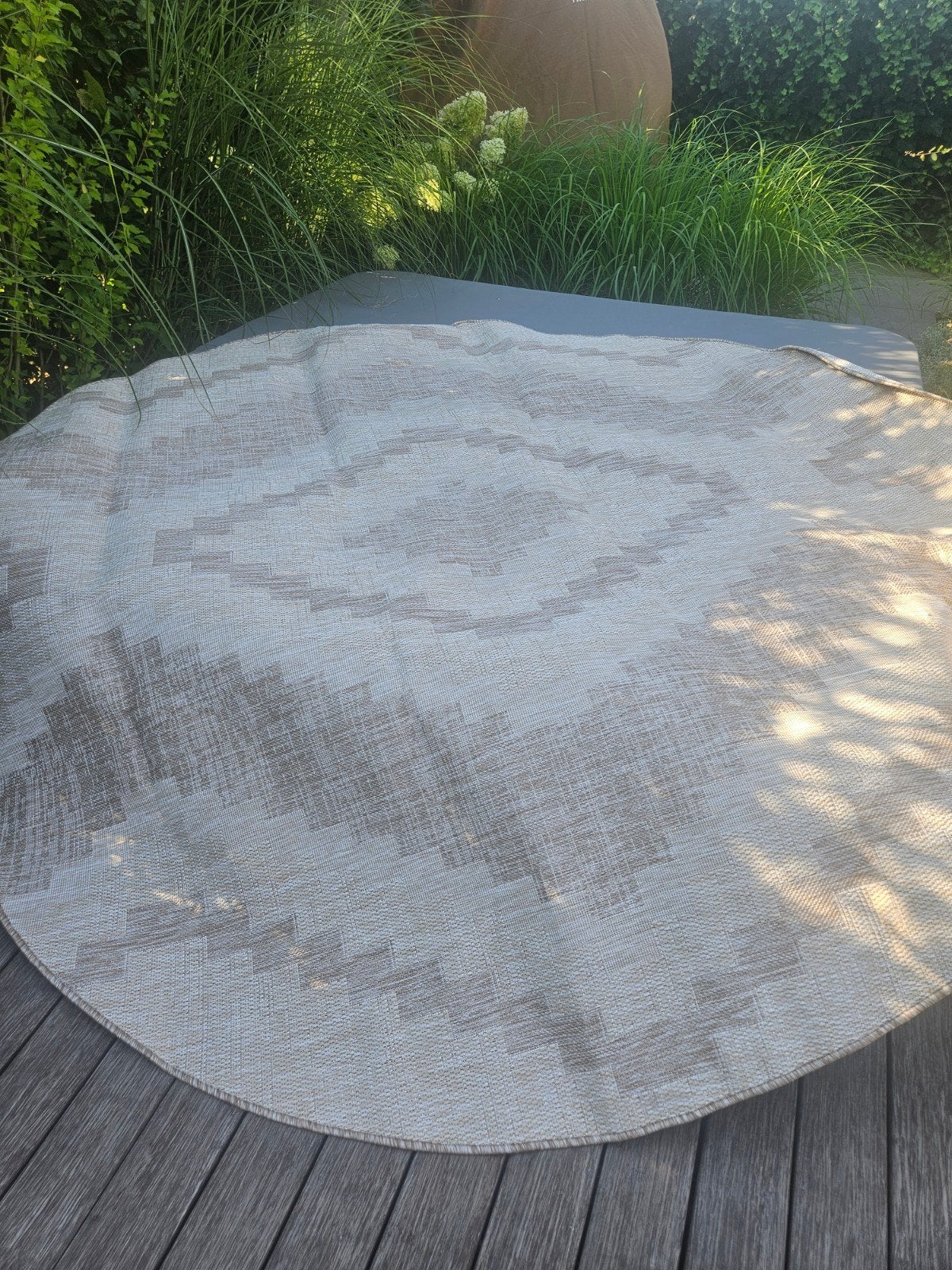 Fraai Rond Jute Buitenkleed Bruin/Crème Ø 240cm, Rond, Ophalen of Verzenden, 200 cm of meer, Bruin