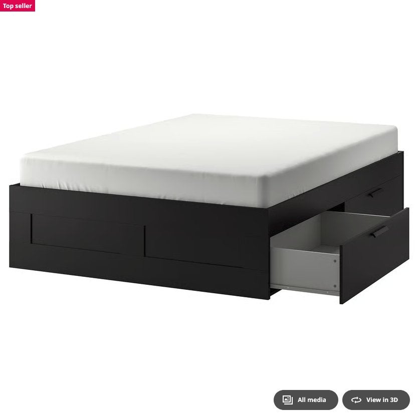 IKEA BRIMNES Bed 140x200 Zwart (met 4 lades)+VESTERÖY Matras, Ophalen, Zwart, Tweepersoons, 140 cm