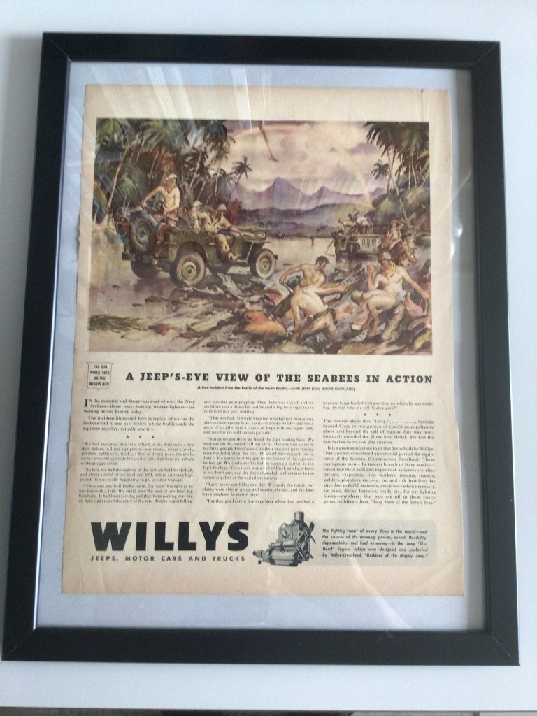 7 Vintage ingelijste advertenties WO2 o.a. Willys-7Up enz., Ophalen, Zo goed als nieuw, Overige typen