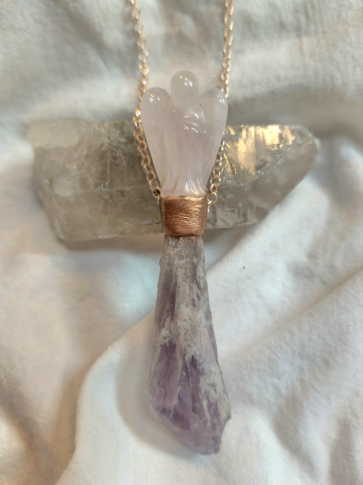 Amethist scepter en rozenkwarts engel, Paars, Nieuw, Ophalen of Verzenden, Steen of Mineraal
