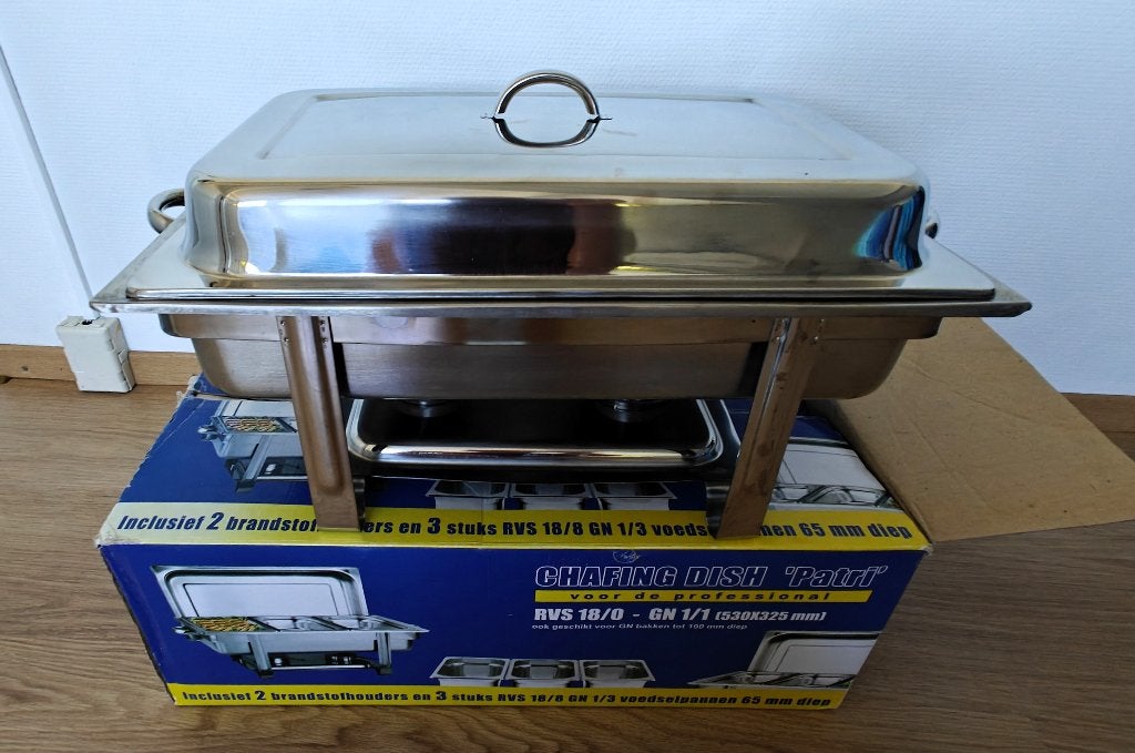 Chafing dish met 3x GN 1/3 en 1x GN 1/1 gastronorm bak, Overige typen, Ophalen of Verzenden, Zo goed als nieuw, Metaal